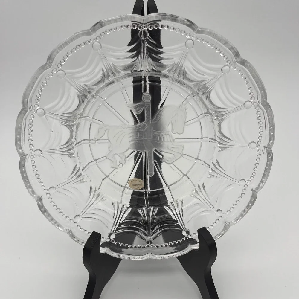 Vintage Clear Frosted Glass Carousel Horse Scalloped Beaded Bowl 8 inch